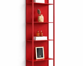 Rotes Metall Wandregal, modernes Stahl Display Regal, minimalistische Aufbewahrung, Industriedekor