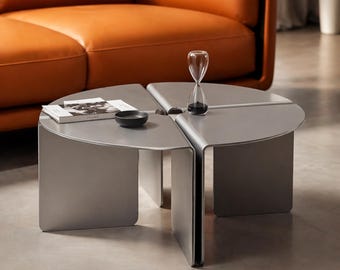 Modułowy aluminiowy stolik kawowy – zestaw 4 stolików składanych – szczotkowane aluminium, minimalistyczny, nowoczesny mebel rzeźbiarski