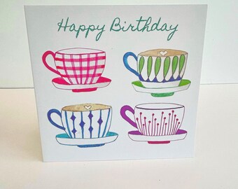 Happy Birthday Plant pots and cups Greeting card - Designed and printed in the UK