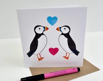 Puffin greeting card with pink and blue heart - anniversary/wedding/everyday card - printed in the UK