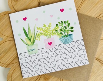 Watercolor Potted Plants Greeting Card with hearts and zig zag design - Printed in the UK