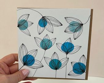 Abstract floral card with Blue circles greeting card– Designed and printed in the UK