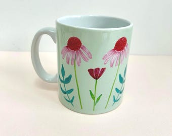 Echinacea Floral Mug with a mint green background– Printed in the UK