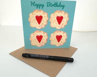 Happy Birthday Biscuit Card - Heart Jam Filling - Designed and printed in the UK