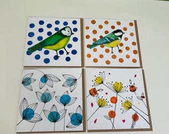 Pack of Four Botanical and birds greeting cards - Designed and printed in the UK