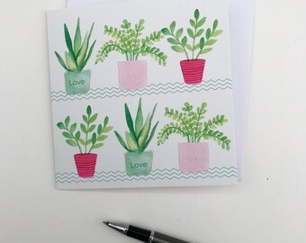 Indoor Plant Greeting Card: - Watercolor Potted Plants - Designed and printed in the UK