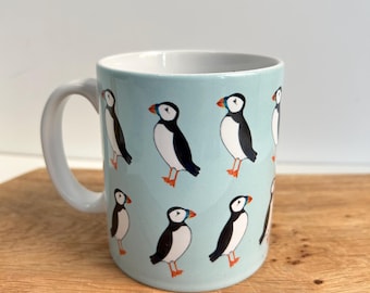 Puffin Repeat Pattern Earthenware Mug – Sea Green, UK Printed