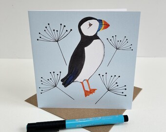 Puffin and cow parsley greeting card - printed in the UK