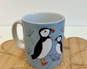 Puffins earthenware mug or mug & coaster set – Blue/Olive Green - Printed in the UK