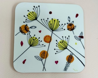 Floral Cow parsley yellow and orange Coaster - Designed and printed in the UK