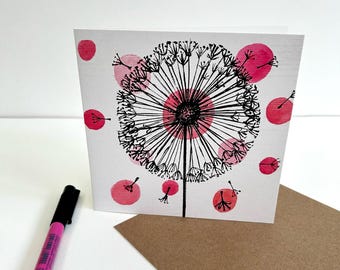 Dandelion clock greeting card  with pink spots - Designed and printed in the UK