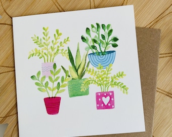 Watercolor Potted Plants Greeting Card - Printed in the UK