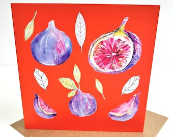 Figs and leaves greeting card - On a red background - Designed and printed in the UK