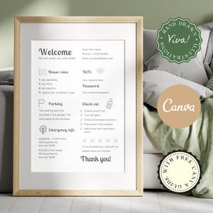 Szablon znaku powitalnego Airbnb, Przewodnik powitalny znaku powitalnego Airbnb, Instrukcja wymeldowania, Edytowalny szablon Airbnb, Wypożyczalnia wakacyjna do wydrukowania
