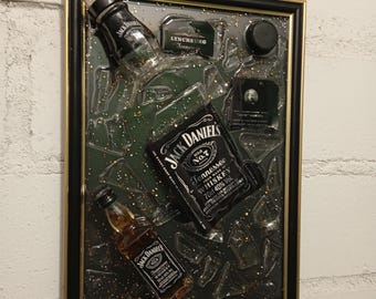 Picture Broken Bottle Jack Daniels decoration gift birthday whiskey epoxy art gift artistic handicraft alcohol art pop art assemblage recycl
