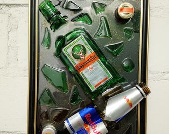Picture Broken Bottle Jägermeister Red Bull handmade gift decoration gift whisky epoxy art birthday pop art loft assemblage whisky alcohol