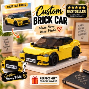 May include: A yellow brick car model with a black roof and black wheels, displayed on a white rectangular base. The front bumper features a white license plate with the text CUSTOM PLATE. The image includes text: Custom Brick Car.