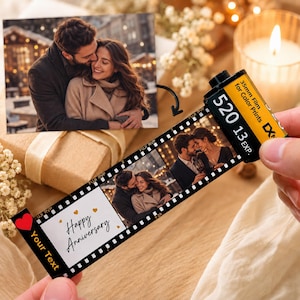 Custom Photo Reel Keychain, Personalized Film Roll Keepsake with Text & Music Code
