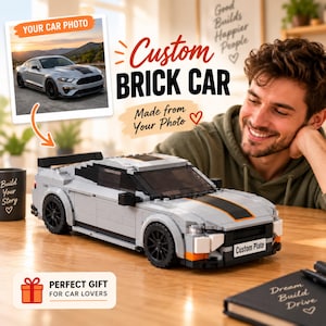 May include: A custom brick car model built from plastic building blocks, featuring a silver body, black racing stripes, black wheels, and a front license plate reading Custom Plate. The model is displayed on a wooden surface with text overlays.