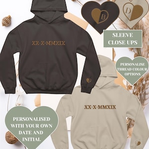 Roman Numeral Embroidered Matching Hoodie| Custom Anniversary Date Couple Hoodies| Custom Initial In Heart Sleeve Jumper|Boyfriend Gift