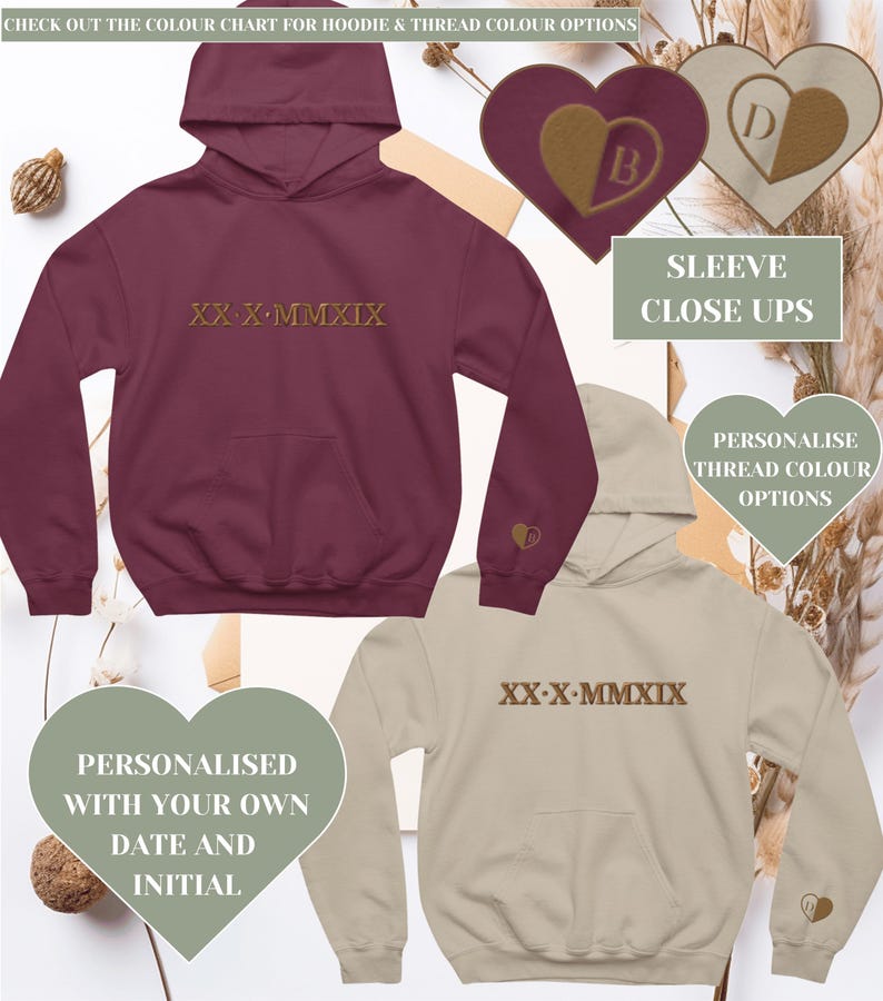 Roman Numeral Embroidered Matching Hoodie Custom Anniversary Date