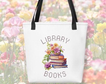 Library Books | Cross Stitch Inspired | Book Lover | Librarian | Library Bag |Tote bag