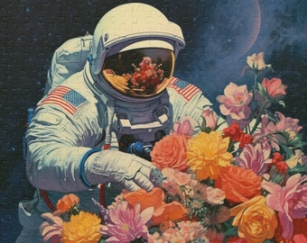 Roses in Space Puzzle | Vintage Art | Kitschy | Colorful | Whimsical | Astronaut | Space Person | Flowers | Galaxy (120, or 252-Piece)