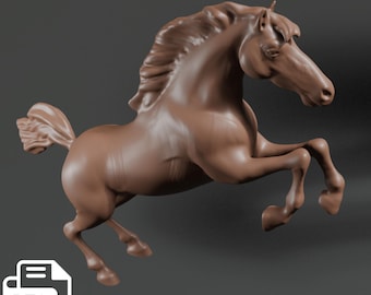 May include: A 3D printed model of a brown horse rearing up on its hind legs. The horse has a flowing mane and tail. The model is printed in a light brown colour and has a smooth finish.