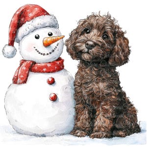 10 illustrations numériques Goldendoodle et bonhomme de neige au chocolat, Images PNG et JPG de haute qualité, Clipart, téléchargement imprimable, Doodle de Noël