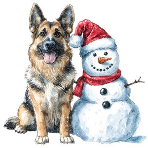 May include: Watercolor illustration of a German Shepherd dog and a snowman. The dog has brown and black fur and is sitting with its tongue out. The snowman wears a red scarf and Santa hat, with a carrot nose and coal eyes.