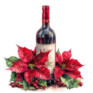 Puede incluir: Una botella de vino tinto con una etiqueta roja y blanca está rodeada de flores de poinsettia rojas y hojas verdes.