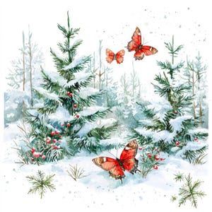 10 papillons dans la forêt en hiver Illustrations numériques, Images JPG de haute qualité, Clipart, téléchargement imprimable, sapins de Noël, pin