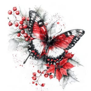 10 illustrations numériques minimalistes de papillon de Noël, images PNG et JPG de haute qualité, clipart, téléchargement imprimable, fruits rouges et blancs noirs