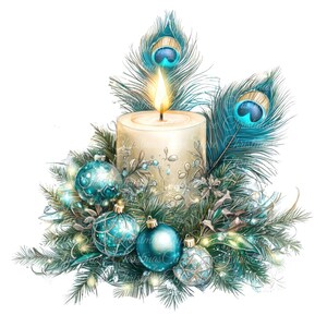 10 bougies de Noël et plumes de paon Illustration numérique, Images PNG et JPG de haute qualité, Clipart, téléchargement imprimable, décoration d'hiver confortable