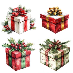 クリスマス ギフト デジタル イラスト 10 点、高品質の PNG および JPG 画像、クリップアート、印刷可能なダウンロード、赤いクリスマス プレゼント、12 月、サプライズ