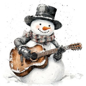 10 Schneemann spielt Gitarre digitale Illustrationen, hochwertige JPG-Bilder, Clipart, Printable Download, Weihnachtslied, lustiger Schneemann, Musik