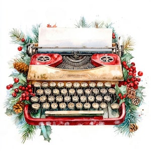 10 ilustraciones digitales de máquinas de escribir navideñas, imágenes PNG y JPG de alta calidad, imágenes prediseñadas, descarga imprimible, nostálgicas, letras vintage, papel