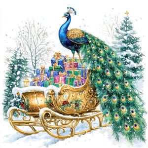 10 paon sur un traîneau avec des illustrations numériques de cadeaux, des images JPG de haute qualité, des cliparts, un téléchargement imprimable, un paon de Noël, un hiver de Noël