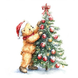 10 Teddybär, der Weihnachtsbaum verziert, digitale Illustrationen, hochwertige PNG- und JPG-Bilder, Clipart, printable Download, Weihnachtskarte
