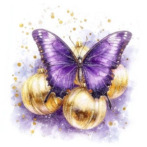 10 Fioletowych Motyli Bożonarodzeniowych Cyfrowych Ilustracji, Wysokiej Jakości Obrazy PNG i JPG, Clipart, Do Wydrukowania Pobieranie, Dekoracje Zimowe, Bombki, Złoto