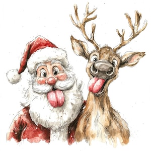 10 grappige kerstman en rendieren digitale illustraties, hoge kwaliteit png- en jpg-afbeeldingen, clipart, afdrukbare download, kerst, winter, hoed