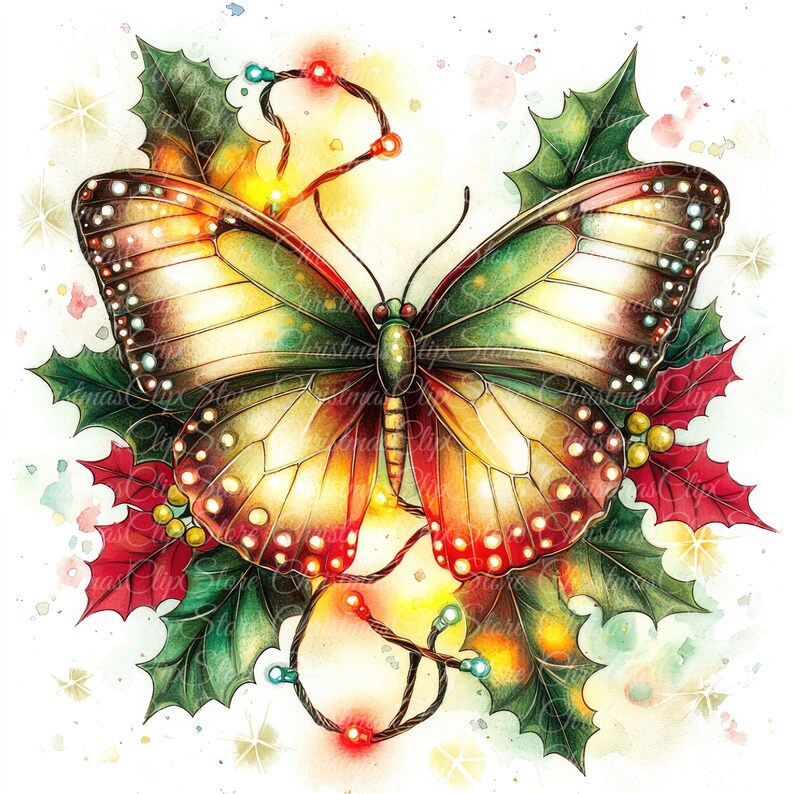 Christmas Butterfly Clipart, Festive Holiday PNG JPG (digital Download ...