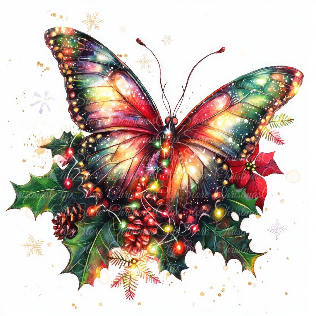 Christmas Butterfly Clipart, Festive Holiday PNG JPG (digital Download ...