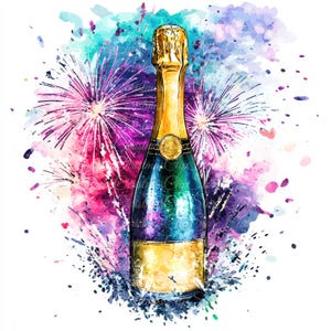 10 illustrations numériques de bouteille de champagne et de feux d'artifice, images JPG de haute qualité, cliparts, téléchargement imprimable, Saint-Sylvestre, boissons du jour de l'an