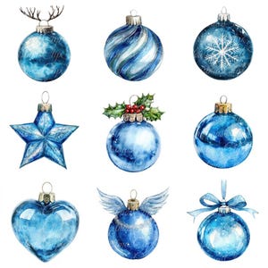 10 illustrations numériques de boules de Noël bleues, images PNG et JPG de haute qualité, cliparts, téléchargement imprimable, décorations d'hiver, boules de Noël