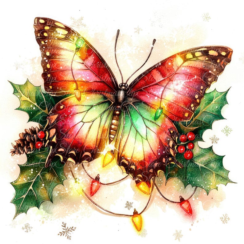 Christmas Butterfly Clipart, Festive Holiday PNG JPG (digital Download ...