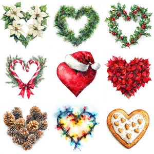 10 kerstharten digitale illustraties, jpg-afbeeldingen van hoge kwaliteit, clipart, download, romantisch kersthart, rood kerststerhart, grenen