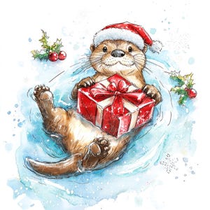 8 loutres de Noël avec cadeau illustrations numériques, images JPG de haute qualité, cliparts, téléchargement imprimable, adorables animaux de Noël, Noël