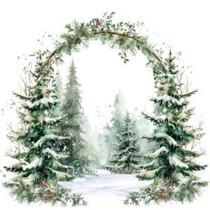 10 illustrations numériques d'arches et de pins, images PNG et JPG de haute qualité, cliparts, téléchargement imprimable, forêt de pins, hiver, neige