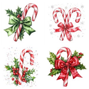 10 bellissime illustrazioni digitali di bastoncini di zucchero, immagini PNG e JPG di alta qualità, clipart, download stampabili, dolci natalizi, rosa, rosso, fiocco